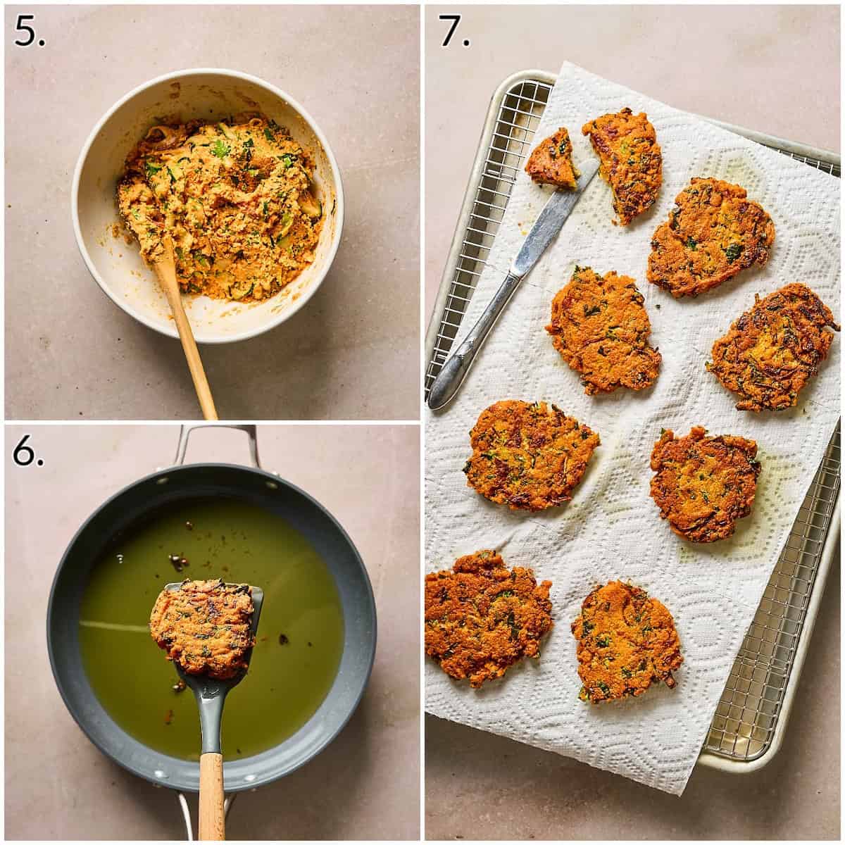a three photo collage displaying how mix the batter, fry the patties, then place them on a baking rack.