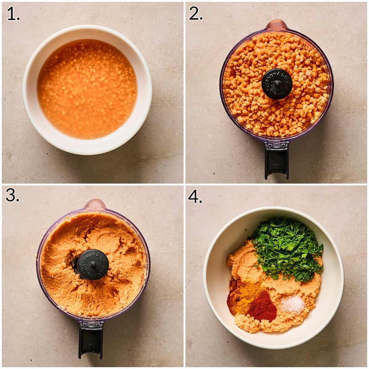 a four photo collage displaying how to soak, puree, and combine lentils with herbs and spices.