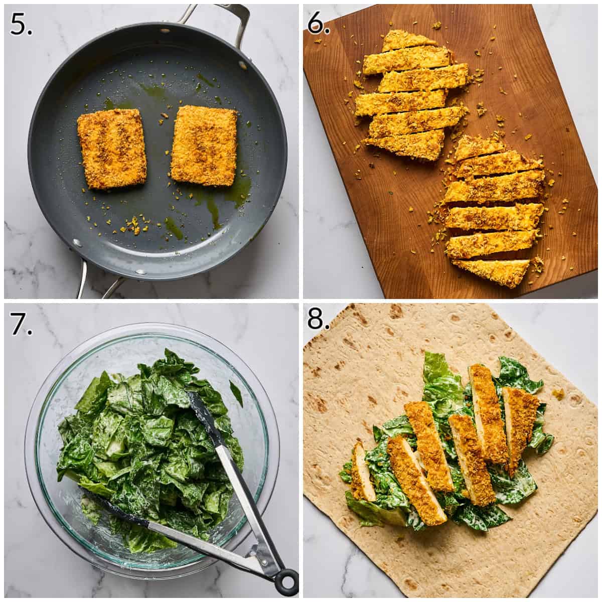 a four photo collage displaying how to fry the tofu, cut the tofu, mix the salad, and put the wrap together. 