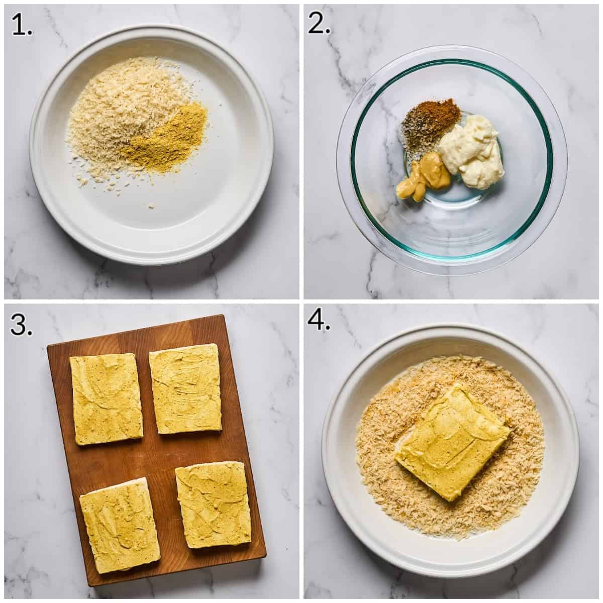a four photo collage displaying how to mix the seasoning and coat the tofu. 