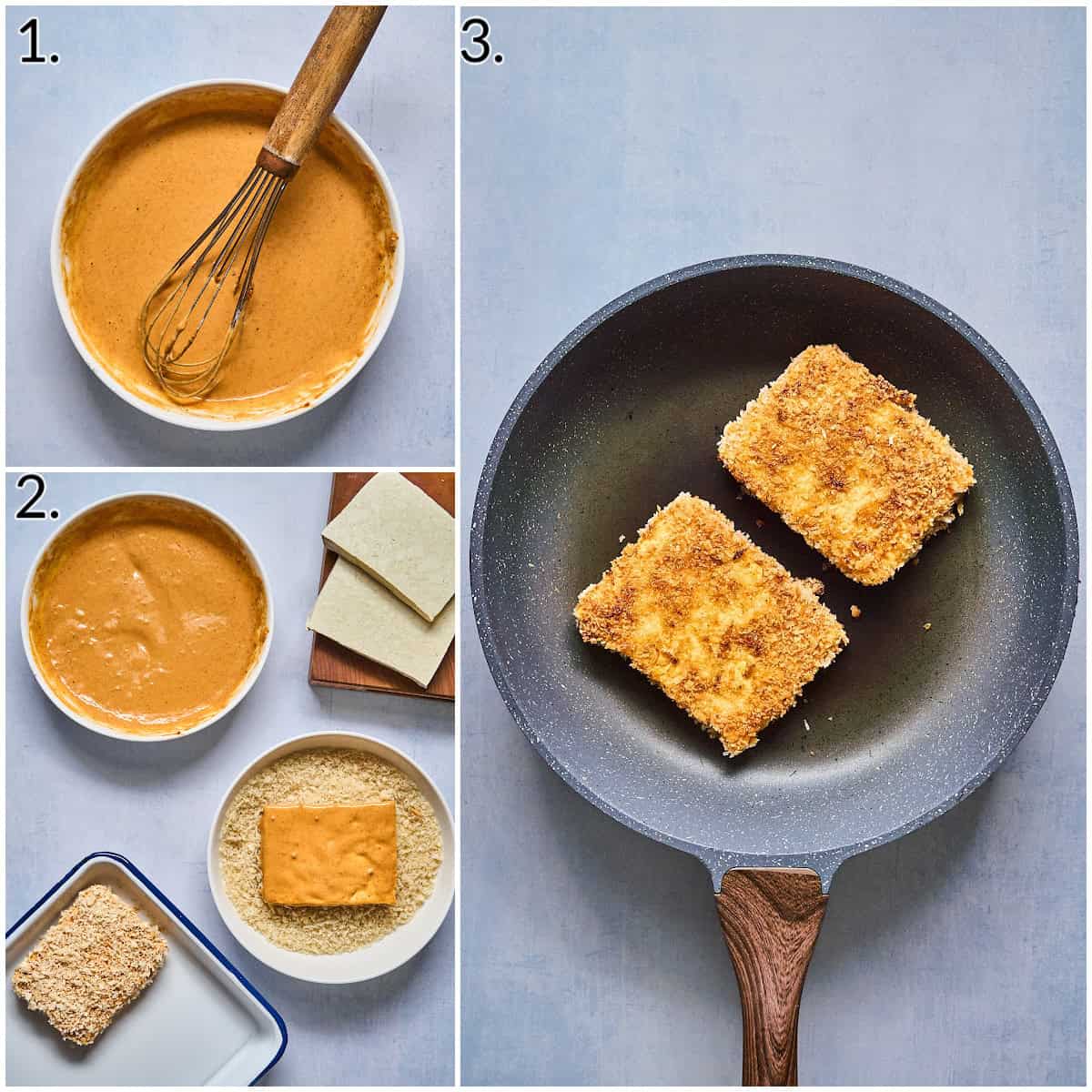3 process photos collage displaying how to whisk the batter, at the coating and pan fry.